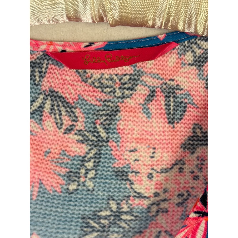 Lilly Pulitzer Babydoll Dress Womens XL Blue Pink Excellent Tropical Palm Print - Picture 2 of 8